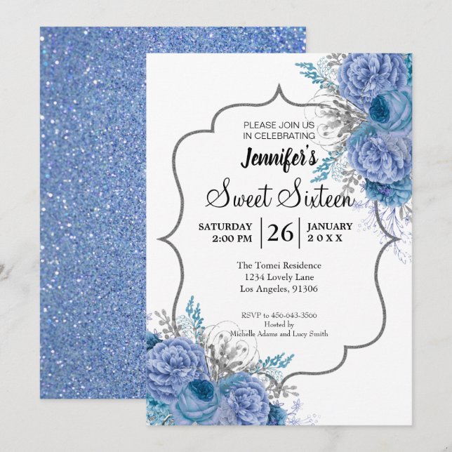 Glitter Blue Floral Sweet 16 Birthday Invitation (Front/Back)