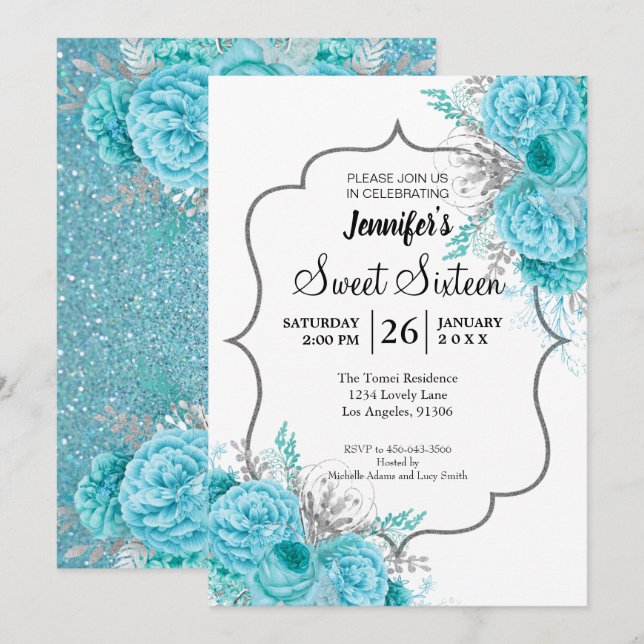 Glitter Blue Floral Sweet 16 Birthday Invitation (Front/Back)