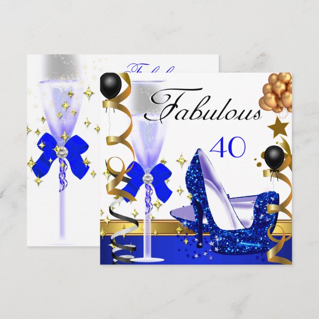 Glitter Blue Gold 40 Fabulous 40th Birthday Party Invitation (Front/Back)