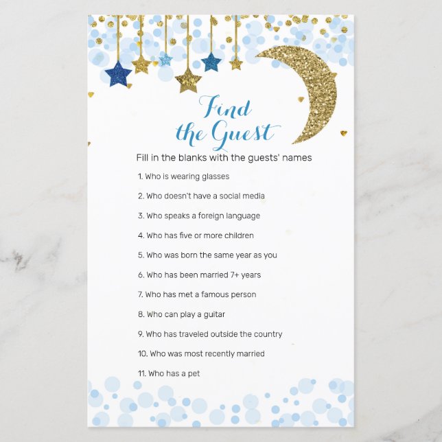 Glitter blue moon Watercolor Find the Guest game (Front)