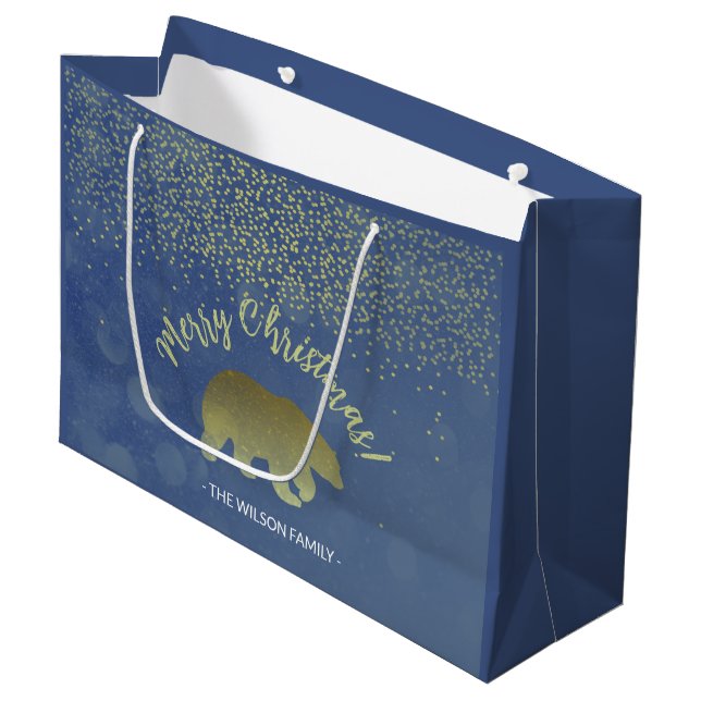 Glitter Blue Night Sky And Golden Bear Large Gift Bag (Front Angled)