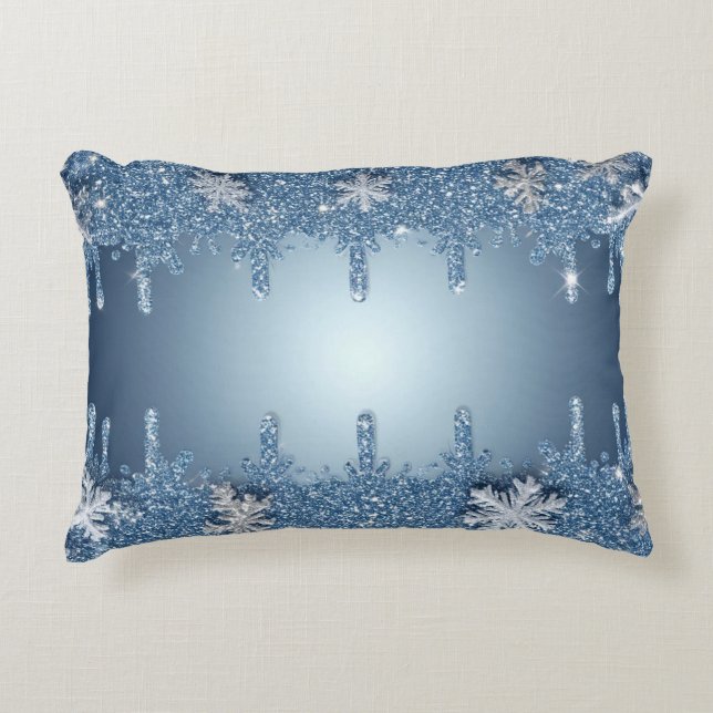 Glitter Blue Snowflake Frame With Icicles Decorative Cushion (Front)