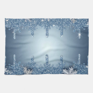 Glitter Blue Snowflake Frame With Icicles Tea Towel