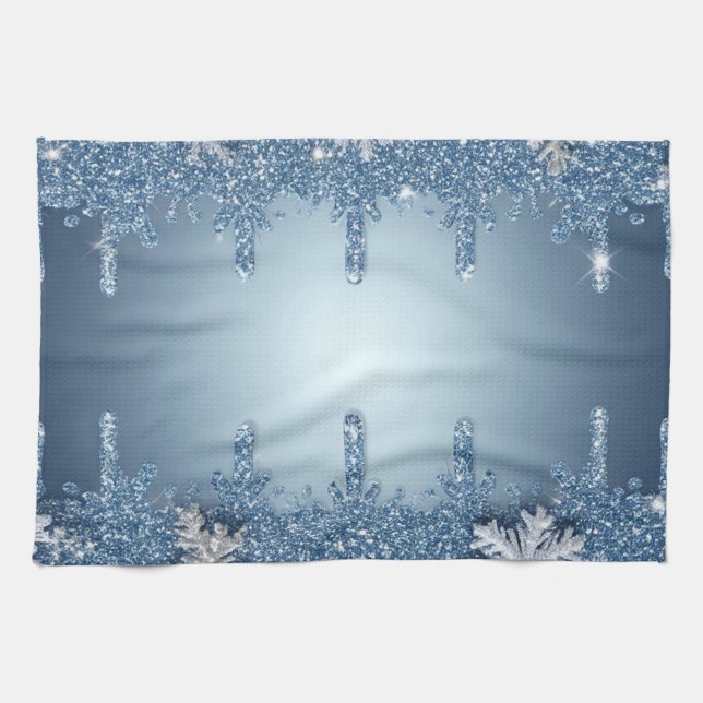 Glitter Blue Snowflake Frame With Icicles Tea Towel (Horizontal)