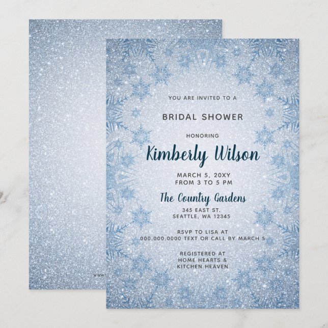 Glitter Blue Snowflakes winter Bridal Shower Invitation (Front/Back)