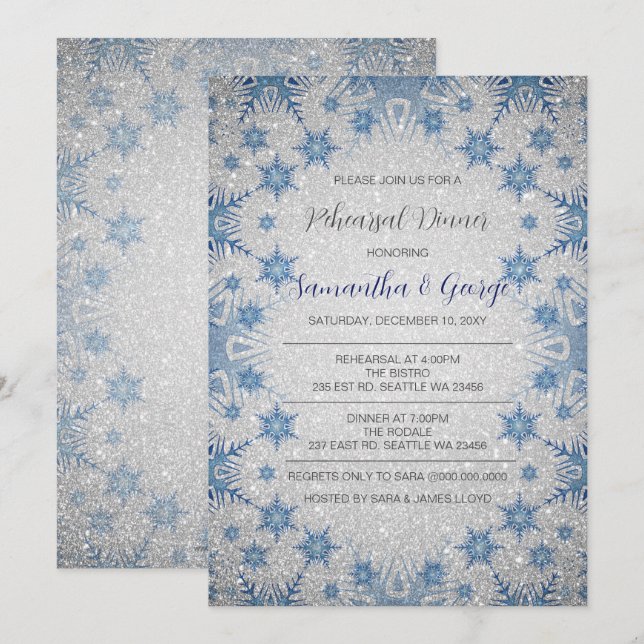 Glitter Blue Snowflakes Winter Rehearsal Dinner Invitation (Front/Back)