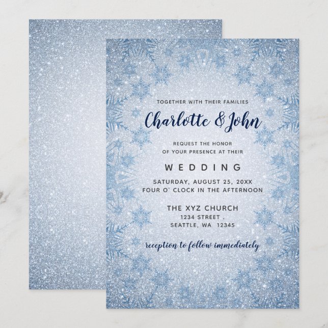 Glitter Blue Snowflakes winter wedding invitation (Front/Back)