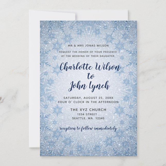 Glitter Blue Snowflakes winter wedding invitation (Front)