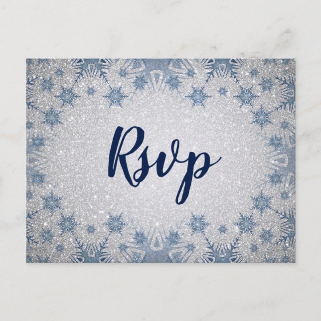 Glitter Blue Snowflakes winter wedding rsvp Invitation Postcard (Front)