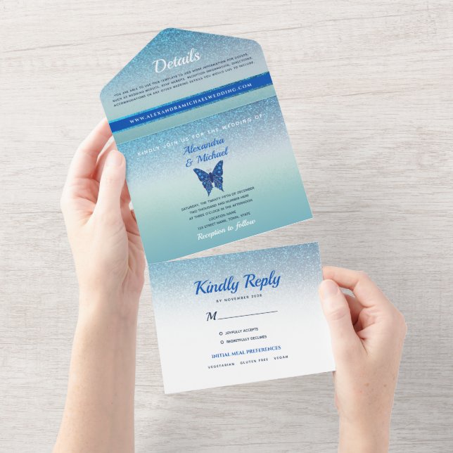 Glitter Blue Wedding All In One Invitation (Tearaway)