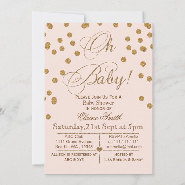 Glitter blush pink and gold baby shower invitation (Front)
