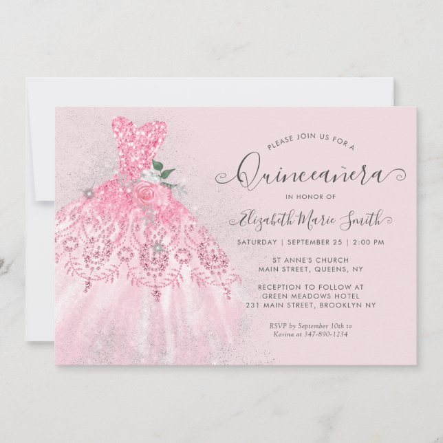 Glitter Blush Pink Floral Silver Dress Quinceanera Invitation (Front)