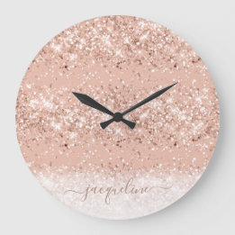 Glitter Blush Pink Rose Gold Monogram Large Clock