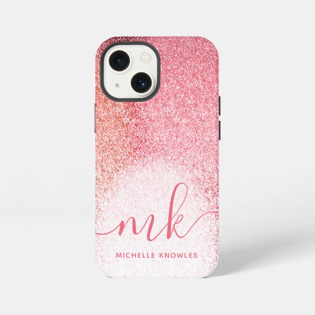 Glitter Blush Pink Rose Gold Monogrammed Script iPhone Case (Back)