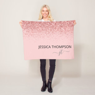 Glitter Blush Pink Simple Script Monogram Name  Fleece Blanket