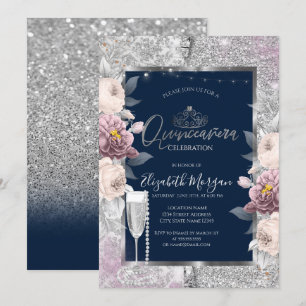 Glitter,Boho Flowers,Glass Pearls Blue Quinceanera Invitation