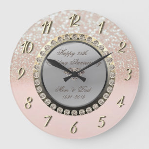 Glitter Bokeh Diamonds 25th Wedding Anniversary Large Clock