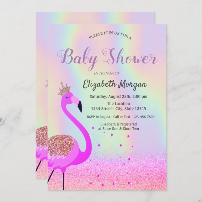 Glitter Bokeh, Flamingo, Holographic Baby Shower Invitation (Front/Back)
