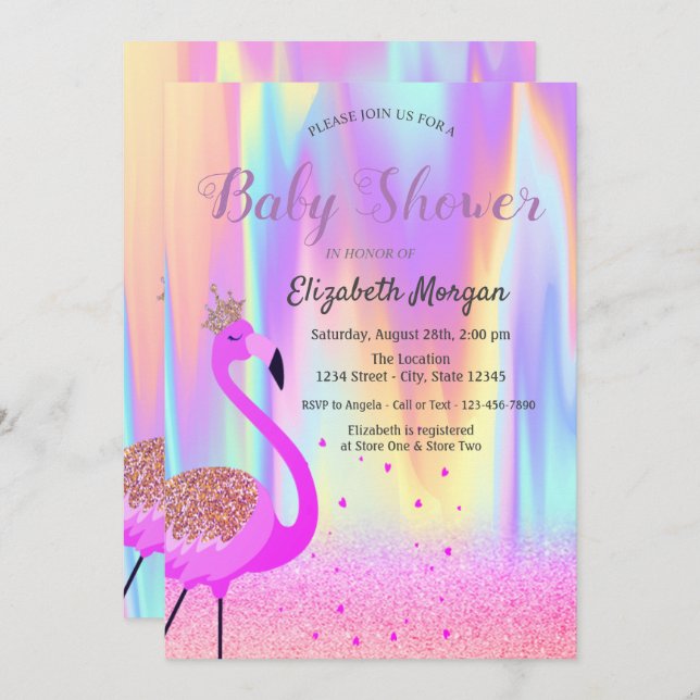 Glitter Bokeh, Flamingo, Ombre Holographic Invitation (Front/Back)