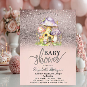 Glitter Bokeh,Floral Mushroom Houses Baby Shower  Invitation