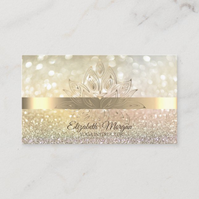  Glitter Bokeh Gold, Lotus Flower Yoga  Business Card (Front)