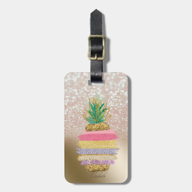 Glitter Bokeh Ombre,Striped Pineapple Luggage Tag (Front Vertical)