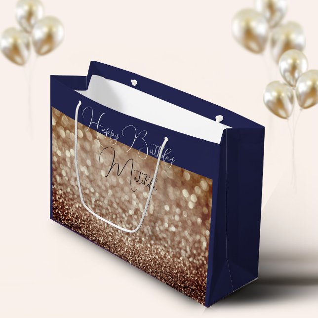 Glitter Bokeh rose gold script name large Gift Bag (Creator Uploaded)