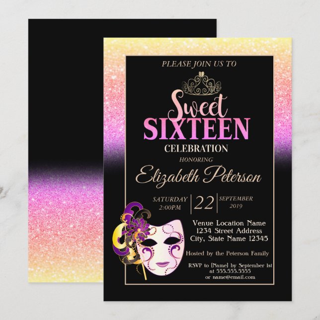 Glitter Bokeh, Tiara, Masquerade Sweet 16 Party Invitation (Front/Back)