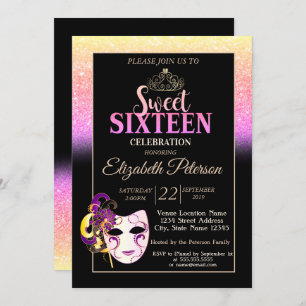 Glitter Bokeh, Tiara, Masquerade Sweet 16 Party Invitation