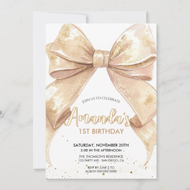 Glitter bow birthday  invitation (Front)