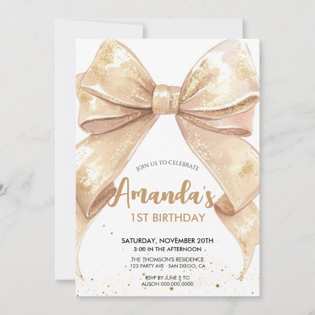 Glitter bow birthday  invitation (Front)
