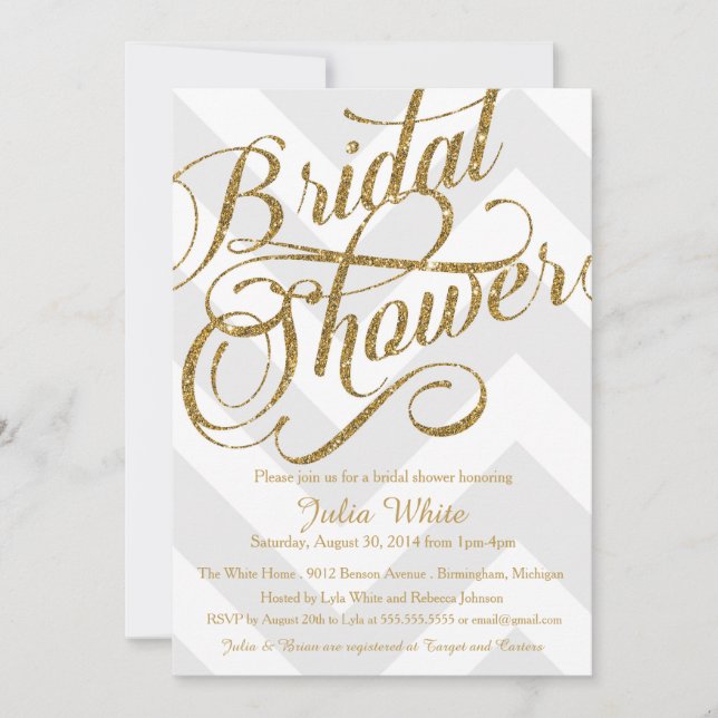 Glitter Bridal Shower Invitation, Silver Chevron Invitation (Front)