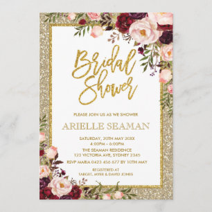 Glitter Bridal Shower Invite Burgundy Pink Floral