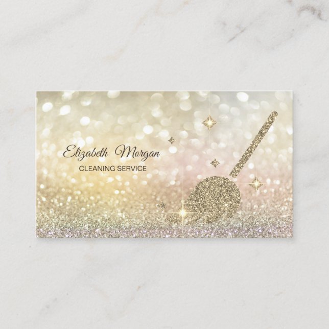 Glitter Broom Maid Cleaning House Bokeh Business Card (Front)