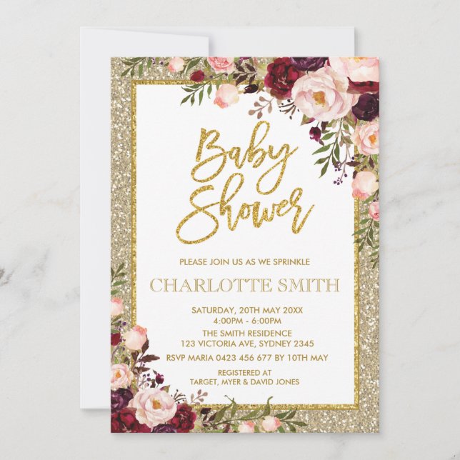 Glitter Burgundy Pink Floral Baby Shower Invite (Front)