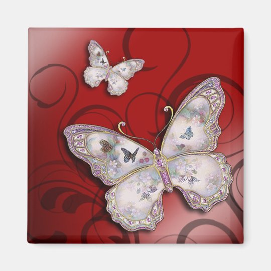 "Glitter Butterflies" (red) by Cheryl Daniels Square Magnet