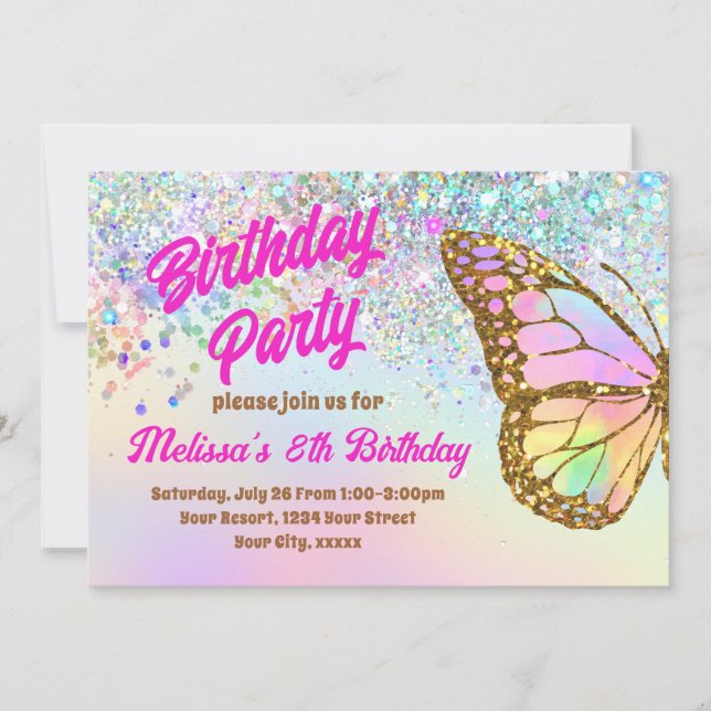 Glitter butterfly Birthday Invitation (Front)