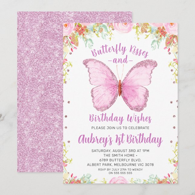 Glitter Butterfly Kisses Birthday Wishes Birthday Invitation (Front/Back)