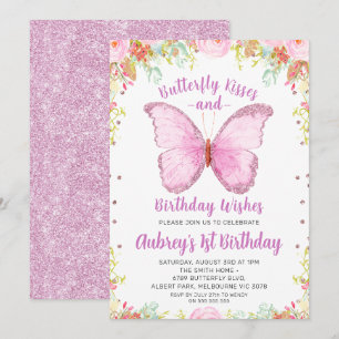 Glitter Butterfly Kisses Birthday Wishes Birthday Invitation