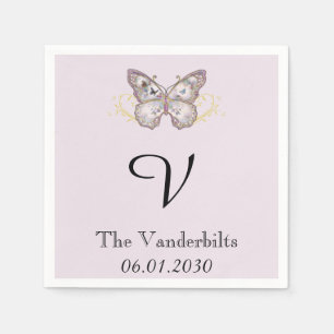 Glitter Butterfly Lavender Monogram Wedding Napkin