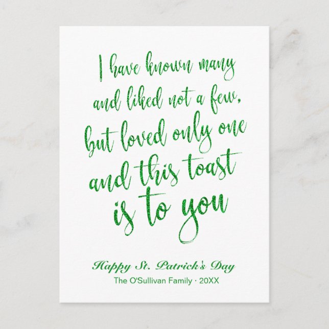 Glitter Calligraphy Irish Toast St. Patrick's Day Postcard (Front)