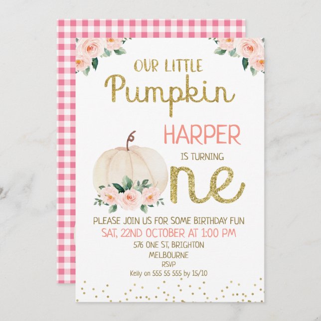 Glitter Calligraphy Pumpkin 1st Birthday Invitation (Front/Back)