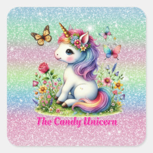 Glitter candy unicorn meadow wildflowers square sticker