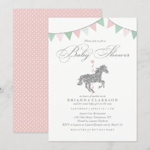 Glitter Carousel Horse   Baby Shower Invitation