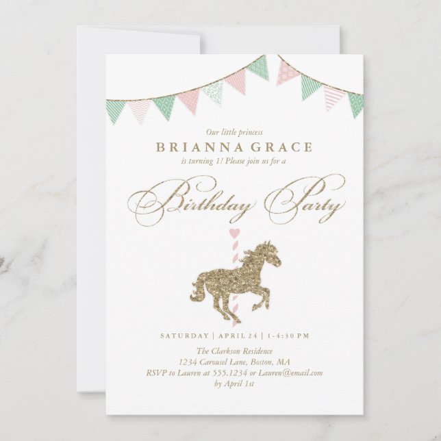 Glitter Carousel Horse | Birthday Party Invitation (Front)