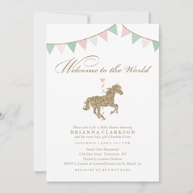 Glitter Carousel Horse | Welcome To The World Baby Invitation (Front)