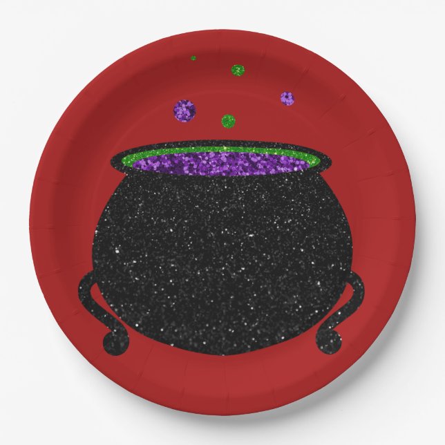 Glitter Cauldron Halloween Paper Plate (Front)