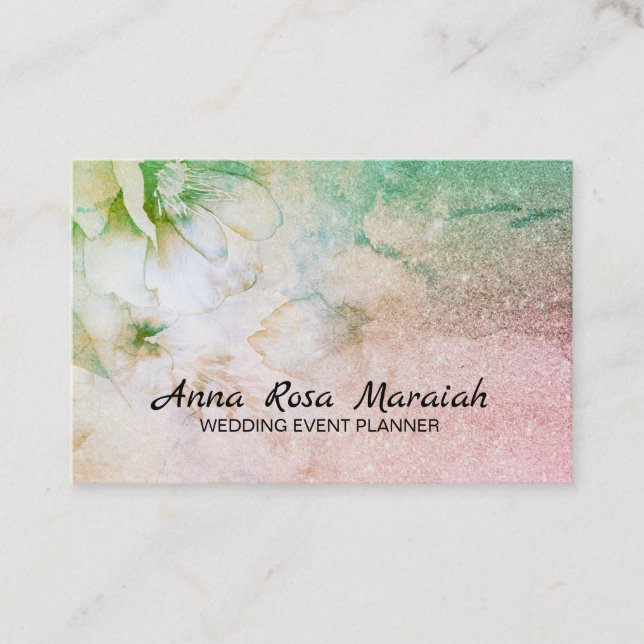 *~* Glitter Celestial Floral Watercolor Turquoise Business Card (Front)