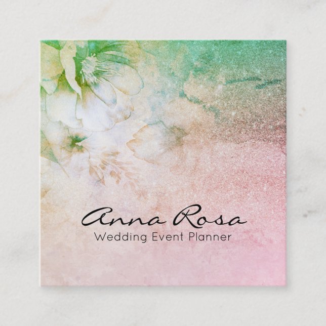 *~* Glitter Celestial Floral Watercolor Turquoise Square Business Card (Front)