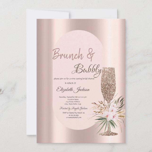 Glitter Champagne Glass Flowers Rose Gold Invitation (Front)